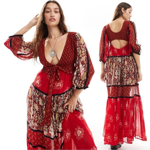 Free People Bohemian Gypsy Witchy Bali Laurel Maxi Dress Large Patchwork 70s - Picture 4 of 16